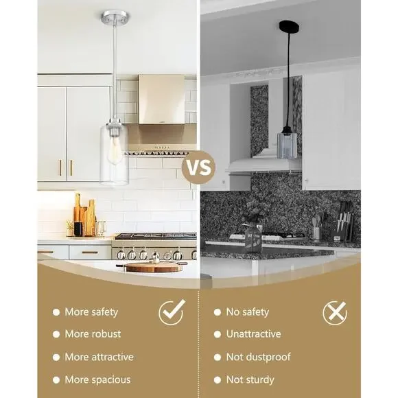 Pendant Light Fixture Brushed Nickel Clear Glass, Kitchen Dining Room Bedroom - Picture 7 of 7